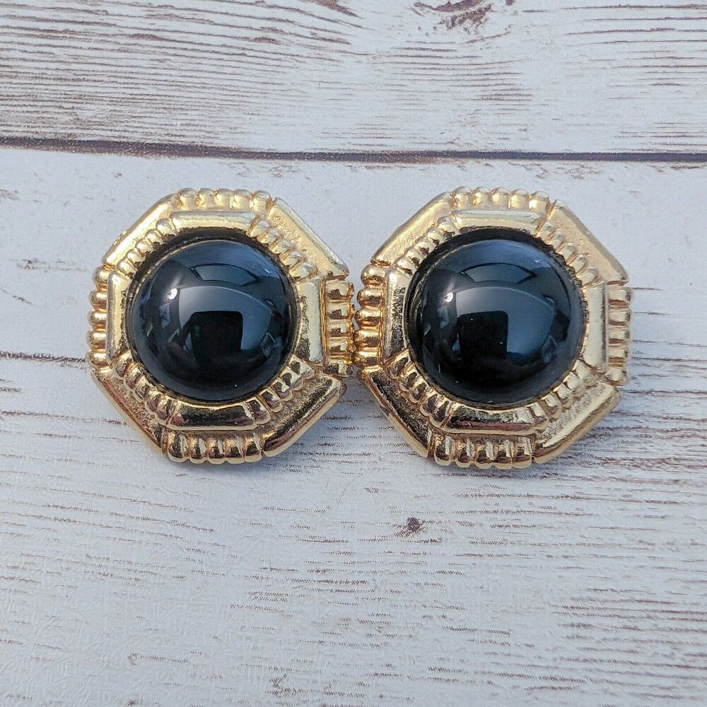 Vintage Clip On Earrings - 1" Statement Gold Tone & Black